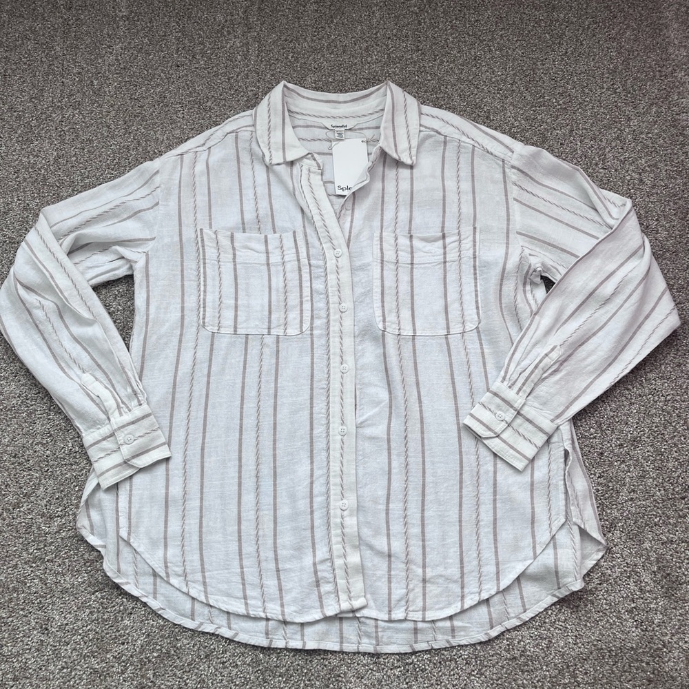 Splendid Striped Button Down Shirt Relaxed Fit Neutral